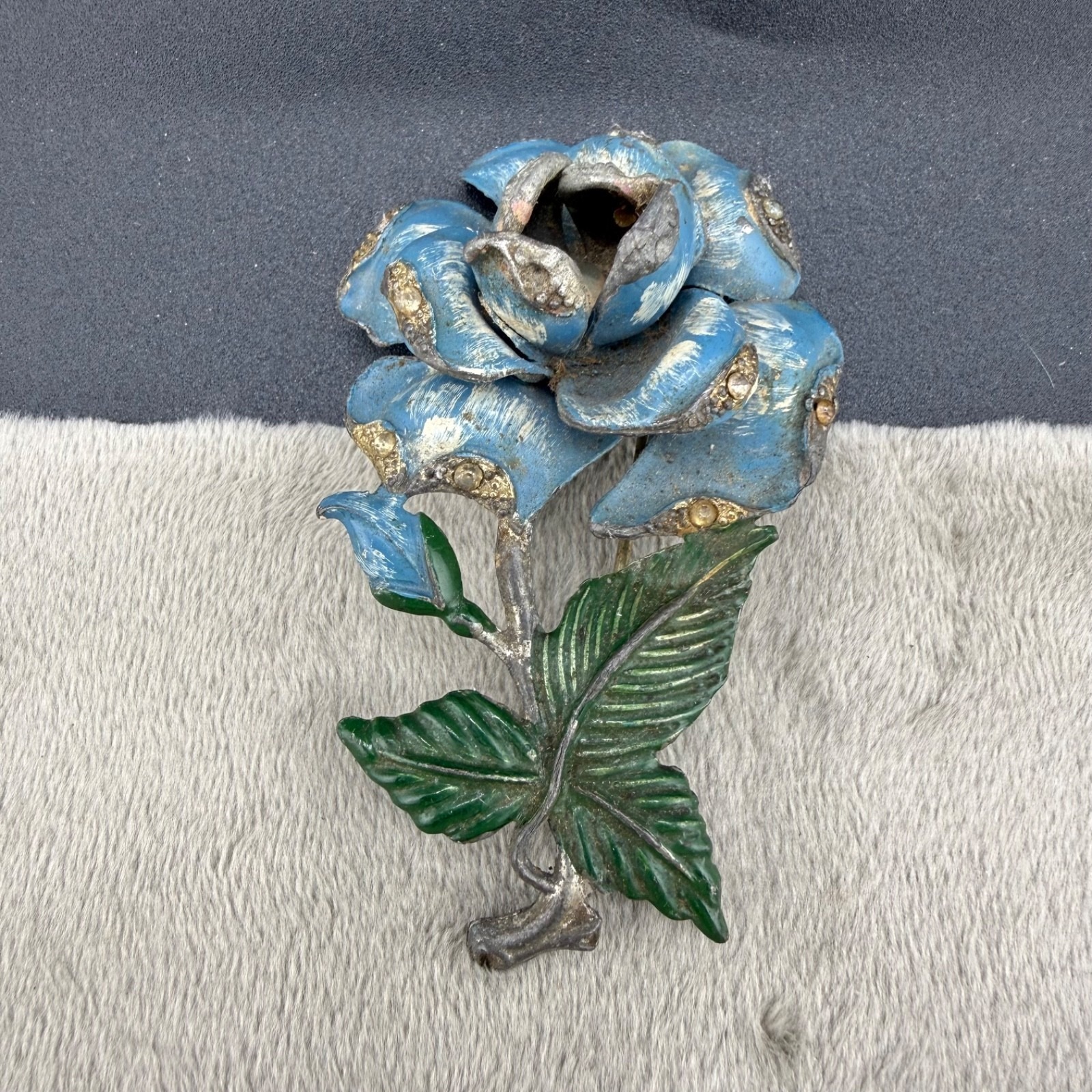 Vintage Pot Metal Brooch Blue Silver Tone Enamel Rhinestone Flower